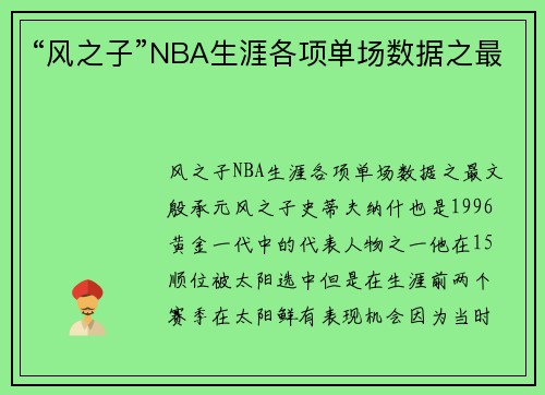 “风之子”NBA生涯各项单场数据之最