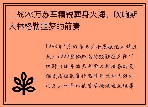 二战26万苏军精锐葬身火海，吹响斯大林格勒噩梦的前奏