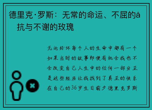 德里克·罗斯：无常的命运、不屈的反抗与不谢的玫瑰